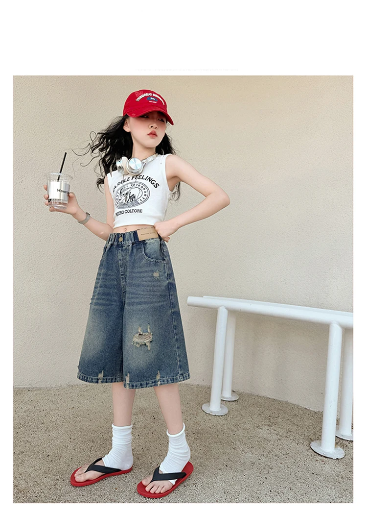 Sommer Vintage Kinder Koreanische Mode Loch-Denim-Shorts Mädchen Lässige Über-Knie-Denim-Hosen Elegante Zerrissene Mini-Jeans für Teenager – Detail 2