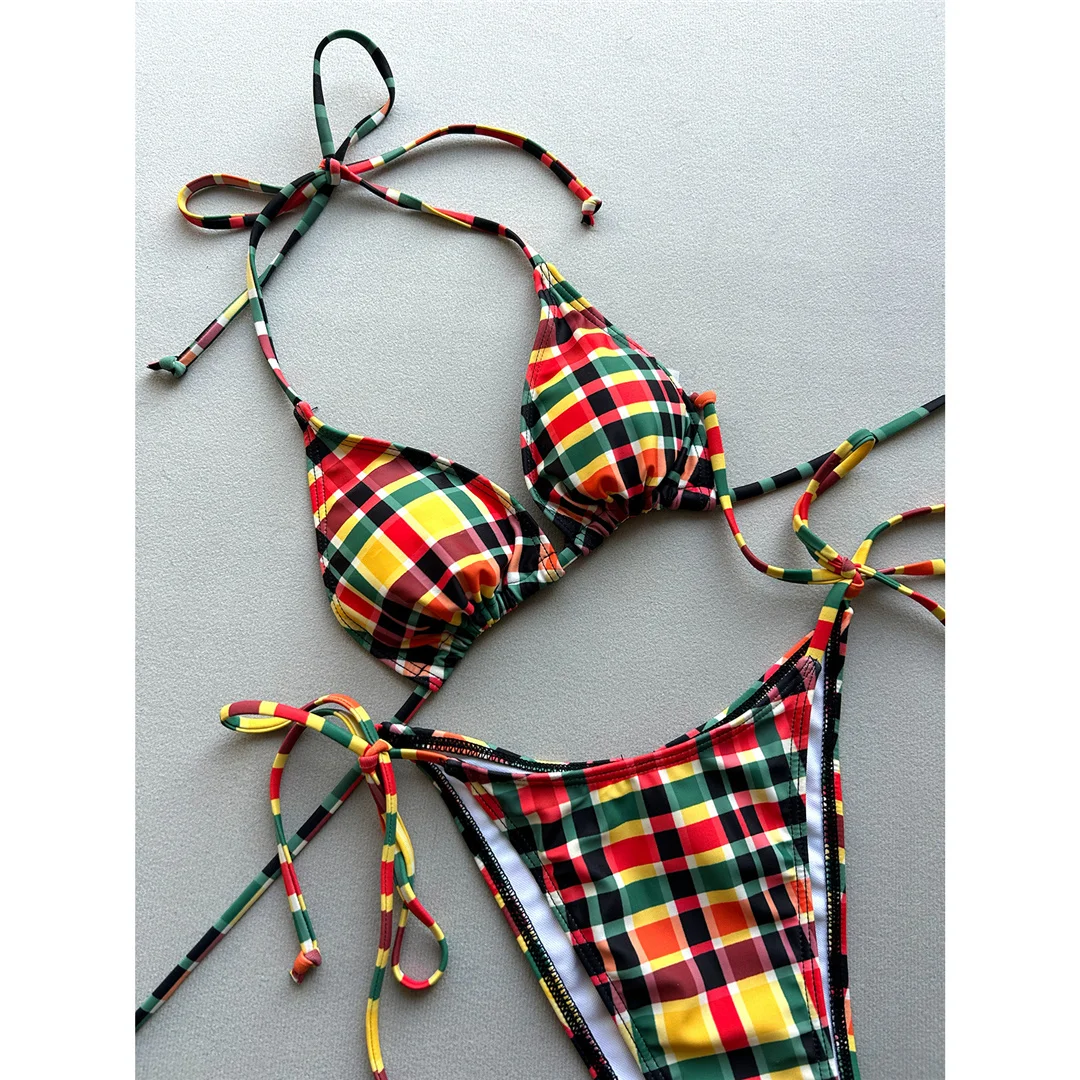 Sexy kariertes Neckholder-Bikini-Badeanzug-Set für Damen, zweiteiliger Bikini mit hohem Beinausschnitt und Polsterung, Badebekleidung V7930 – Detail 4