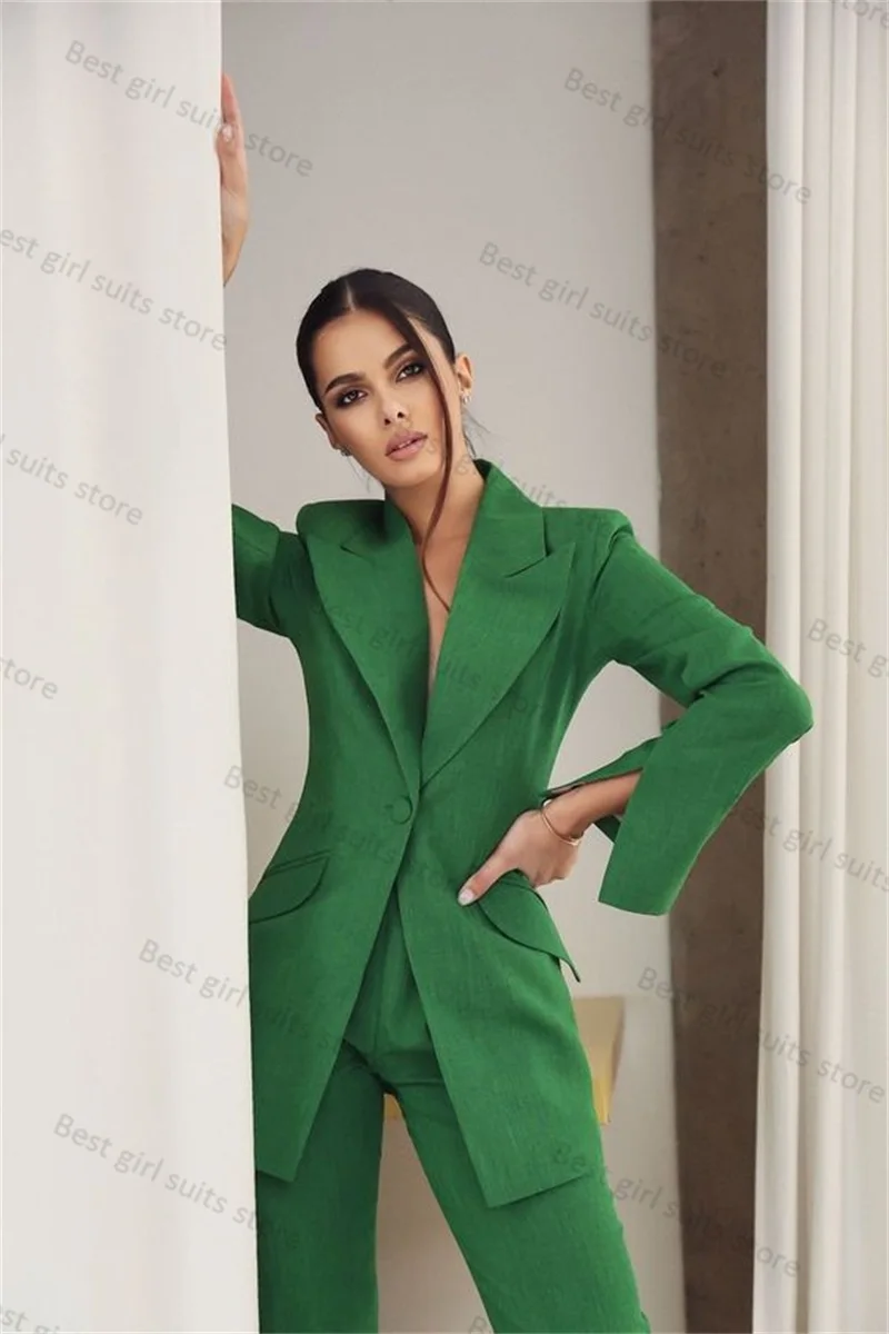 Green Women Suit Set 2 Pieces Blazer+Pants Cotton Wedding Tuxedos Formal Business Office Lady Jacket Coat Tailored Made Trousers