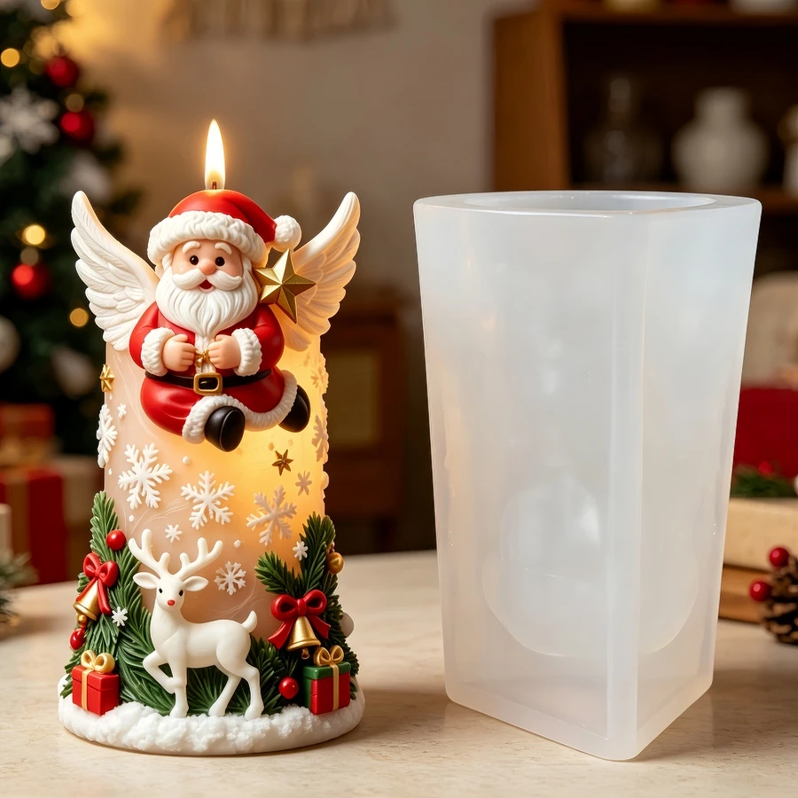 Angel Santa Claus Elk Snowflake Candle Silicone Mold Christmas Tree Pine Branch Bell Gift Star Relief Resin Gypsum Molds - view 3