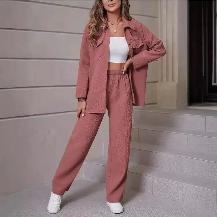 Spring and Autumn New Two-piece Sets Trendy Waffle Lapel Cardigan Casual Suit Women two piece sets womens outifits blazer femme - view 2