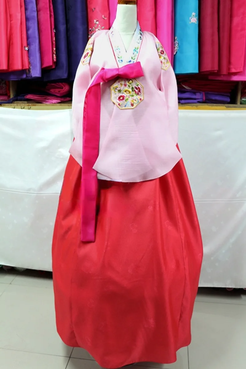 Hanbok-크레이프 원사 한복 드레스, 손 자수 여성 국가 전통 정장 연회 축하 공연 복장