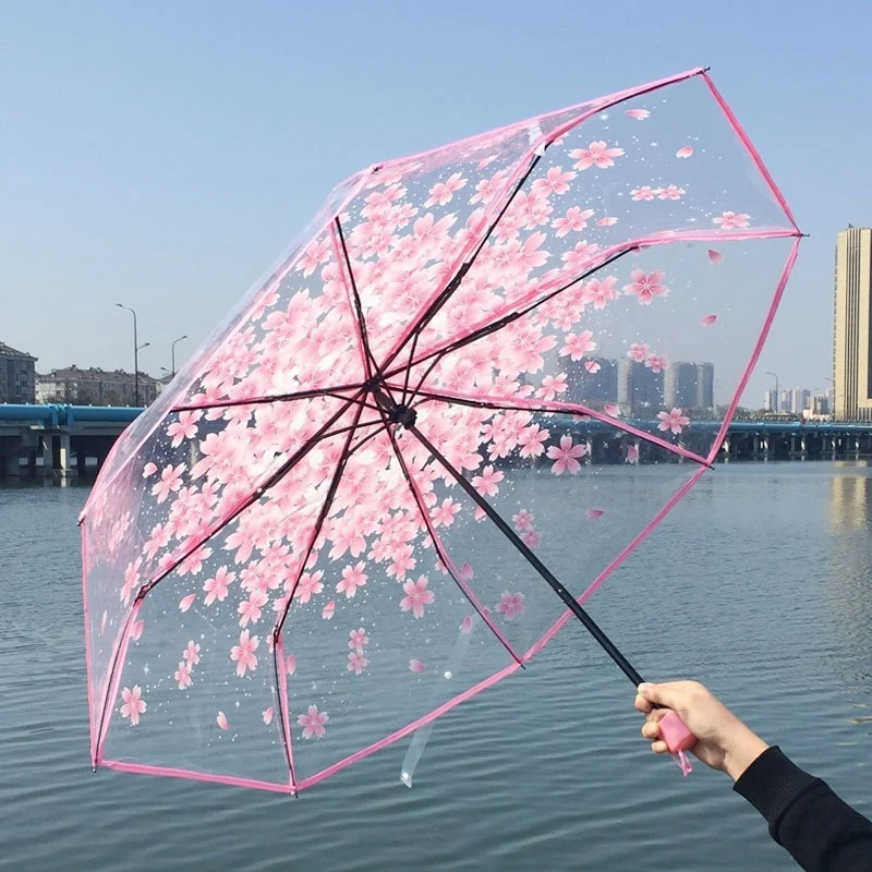 Automatic/Manual Opening And Closing Romantic Cherry Blossom Transparent Folding Umbrella Fresh Transparent Three-Fold Umbrella. view 4