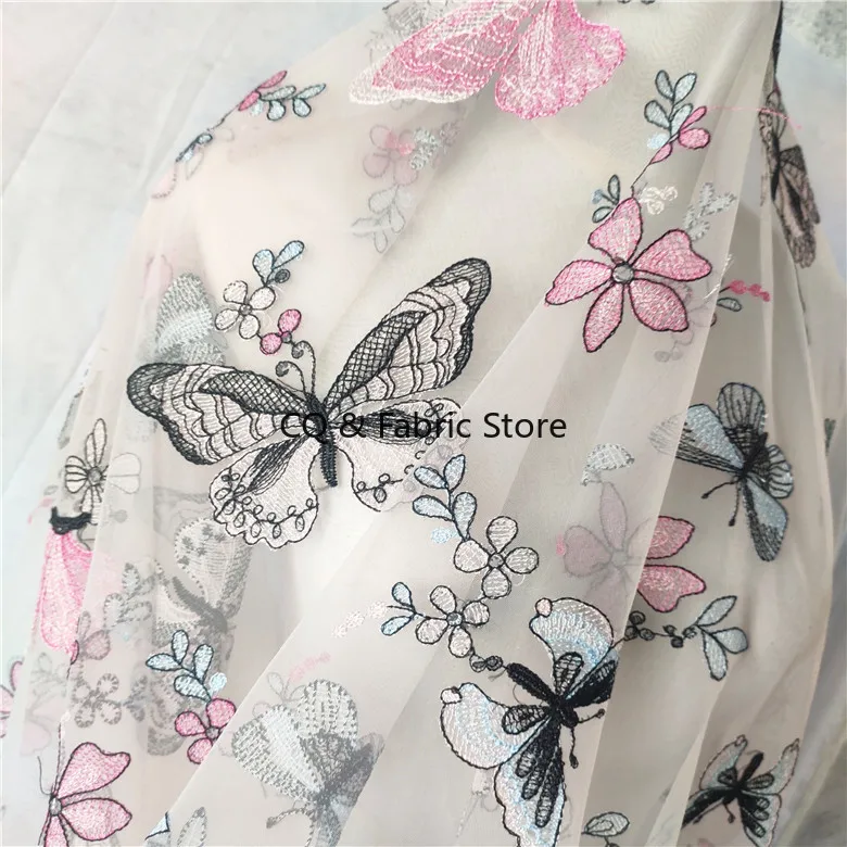 New Mesh Color Flat Embroidered Butterfly Lace Fabric For Women's Skirt Baby Doll Accessories DIY Fabric,By The Meter