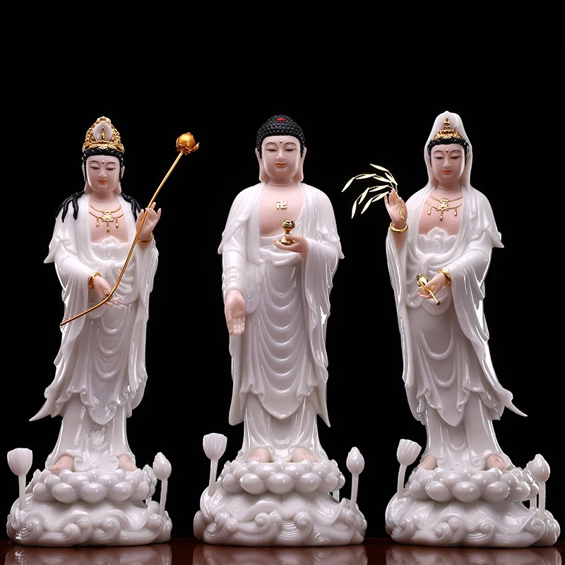 

A set 3PCS HOME shrine protection Buddhism jade XI FANG SANSHENG Guan yin Amitabha Mahasthamaprapta Buddha God statue Large 48CM