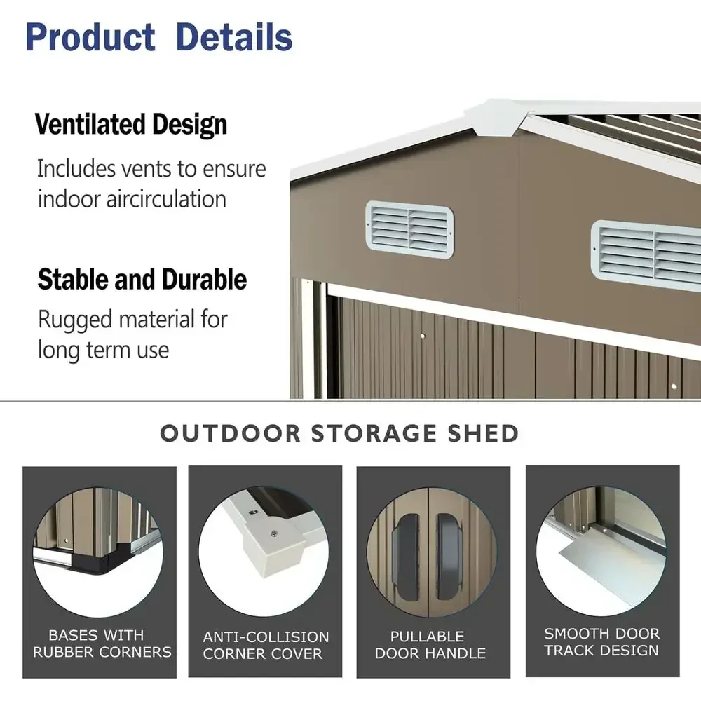 10x8 Galvanized Metal Storage Shed with Vents and Sliding Door, Waterproof Outdoor Shed for Garden, Patio, Lawn, and Backyard, I