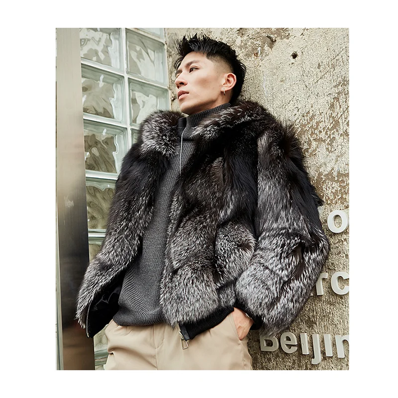 Hot Sale Frist-rate Men's Silver Fox Fur Jacket Coat High Quality Mens Loose Silver Fox Fur Coat