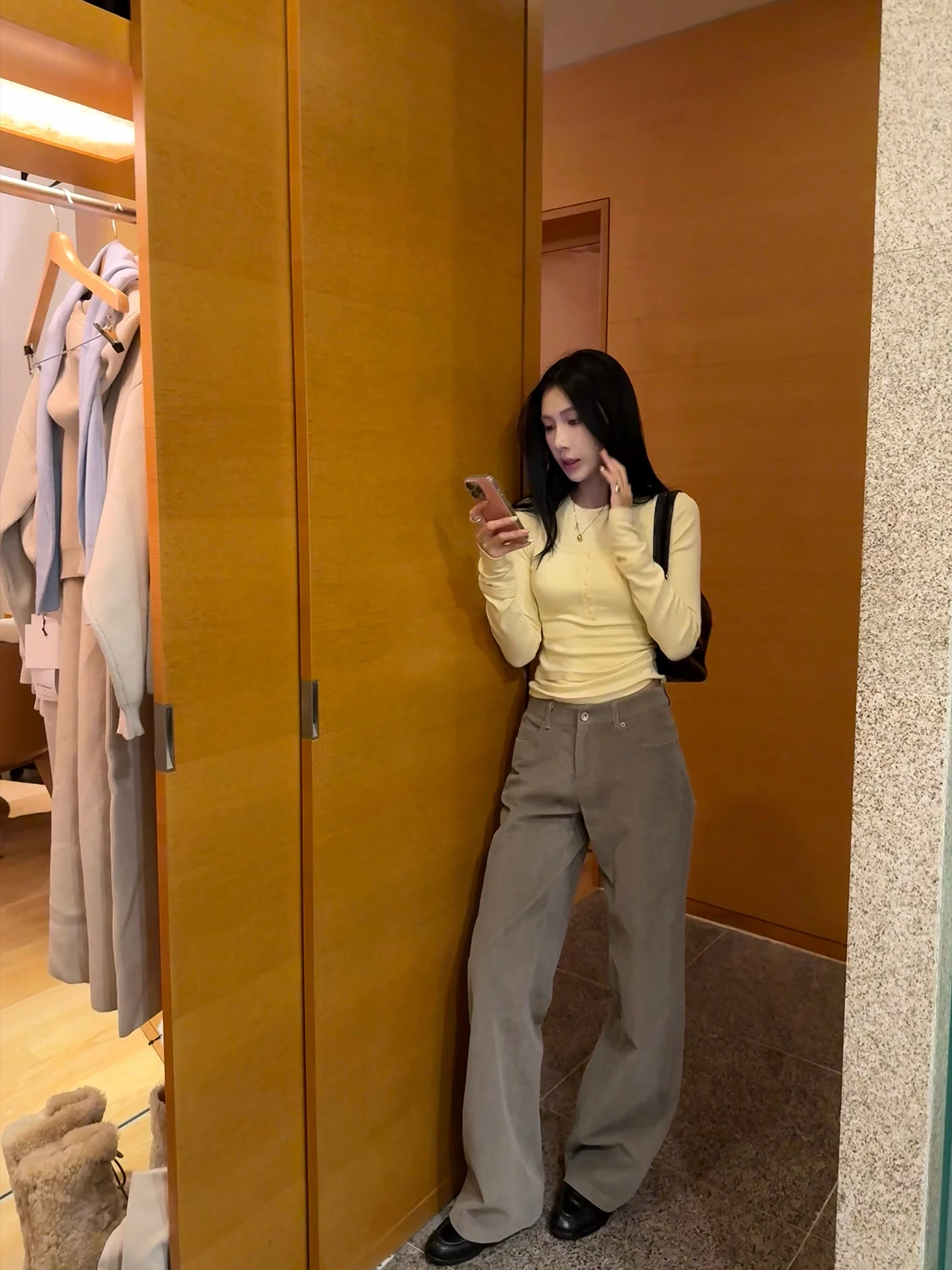 

Vintage Smoke Grey Corduroy Straight Leg Pants Korean Style Casual Trousers Low Waist Knitted Cotton Warm Daily Wear