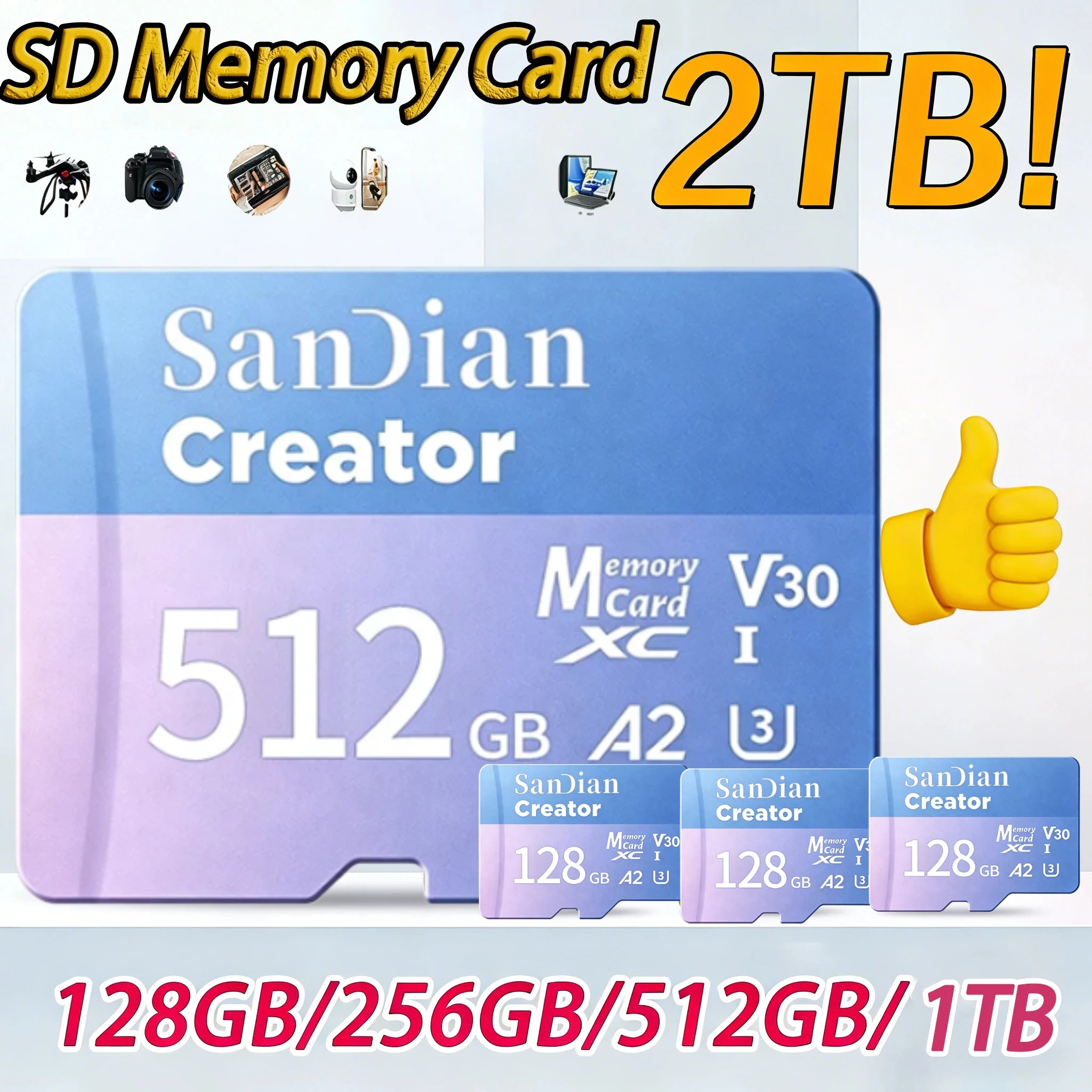 Tarjeta Micro SD de Alta Velocidad 2026, 128GB V30 A2, Tarjeta de Memoria de 256GB 512GB 1TB, Tarjeta Micro SD TF con Velocidad Máxima de 190Mb/s para Drones 4K GOPR