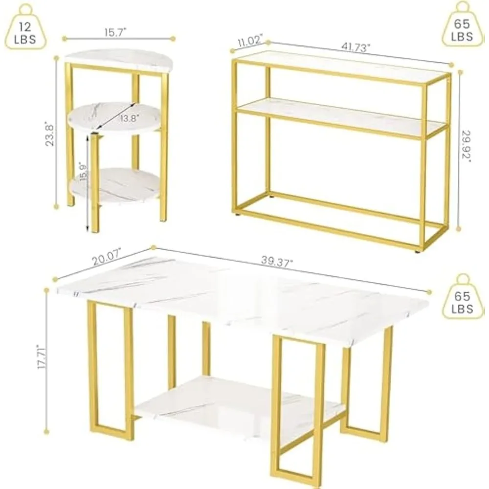 Juego de mesa de salón de 3, mesa de centro de mármol sintético, mesa auxiliar de 3 niveles y mesas consola, juego de mesa moderno con estructura de metal dorado