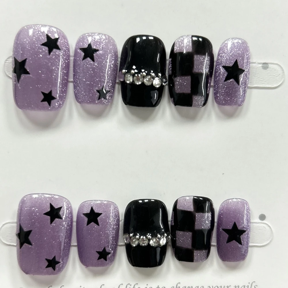 10 Pieces Advanced Spice Girls Y2K Handmade Press On Nails Glitter Purple Cat Eye Nail Art Stars Checkerboard Short Fake Nails