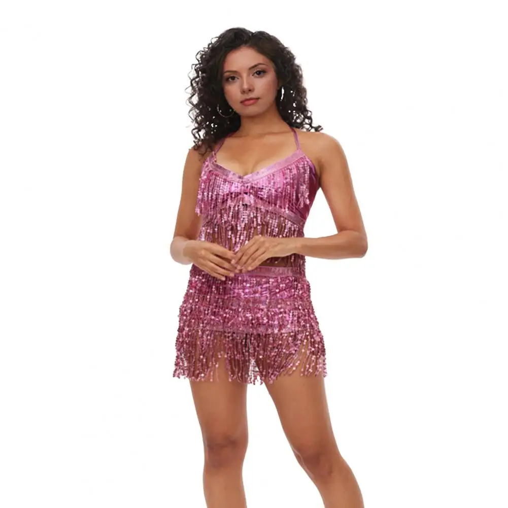 Fringe Costume for Dance Belly Dance Costume with Fringe Sparkling Belly Dancer Costume Set with Sequin Tassel Bra Top for Women