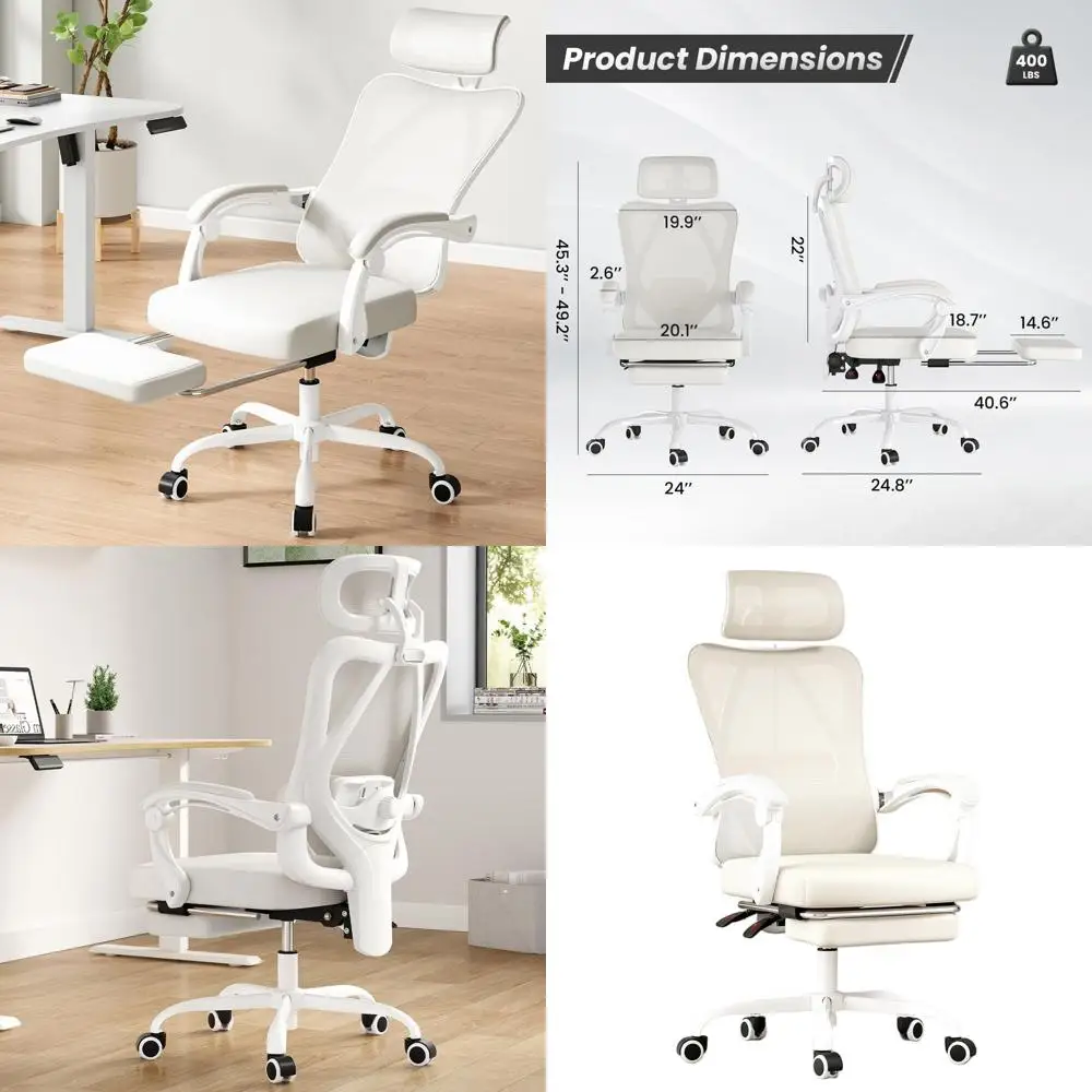 

Офисное кресло с высокой спинкой из сетки, с подставкой для ног, регулируемой поясничной и подголовной опорой для домашнего офиса (бежевое)