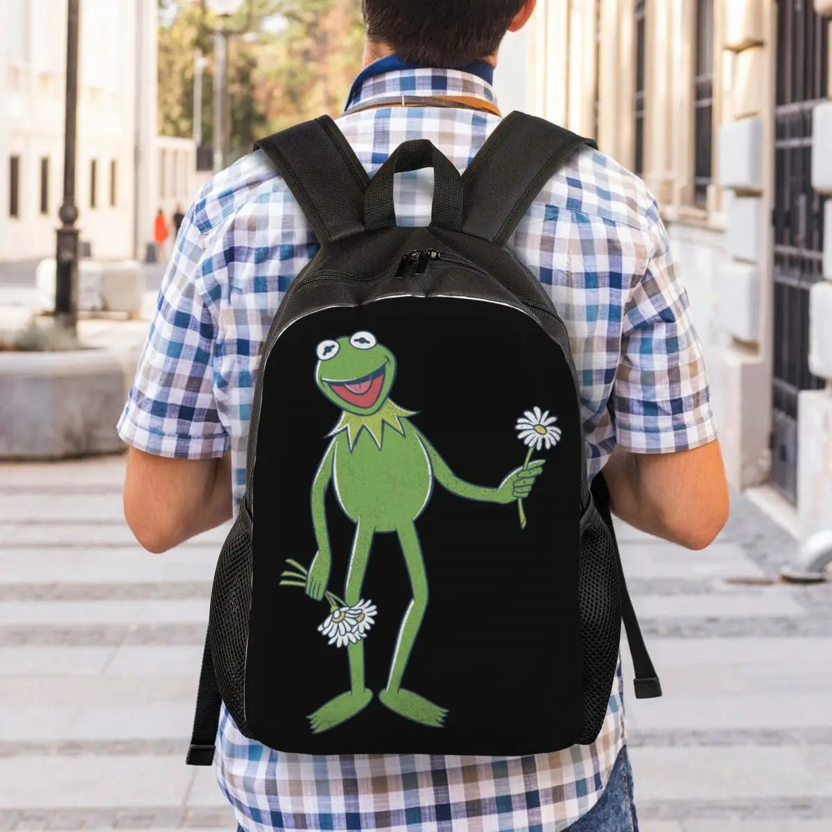 Mochila personalizada con ramo de flores Kermit para ordenador portátil para hombres y mujeres, bolsa básica para escuela, estudiante universitario, bolsa de dibujos animados de Anime