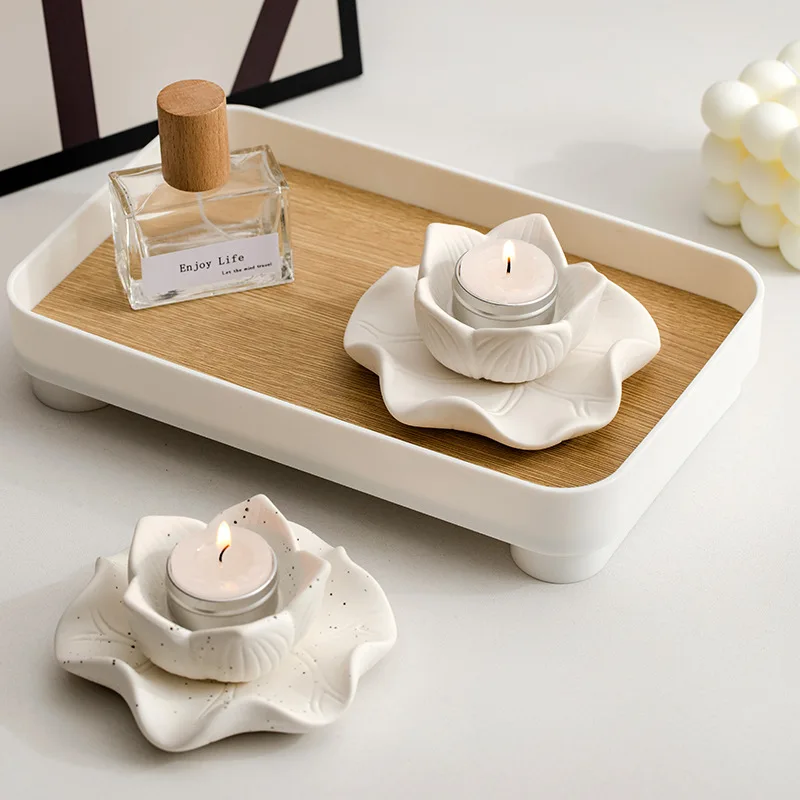 Lotus Flower Ceramic Candle Holder for Home Altar Decor, Nordic Style Sand Finish Tabletop Centerpiece
