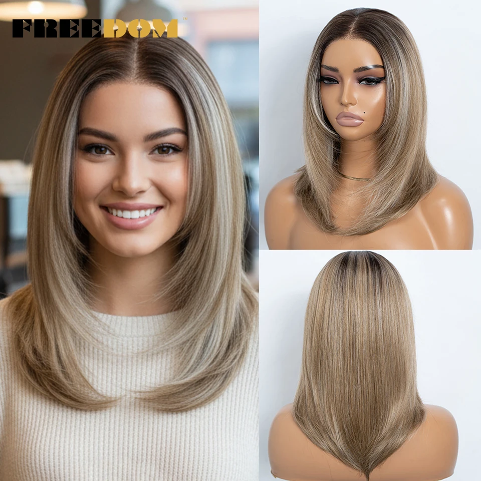 

Синтетический парик FREEDOM Straight Bob с многослойной прической, парик с кружевной передней частью для женщин, 13x3, предварительно выщипанный, омбре, блонд, с возможностью свободной расчески, парик с фронтальным кружевом