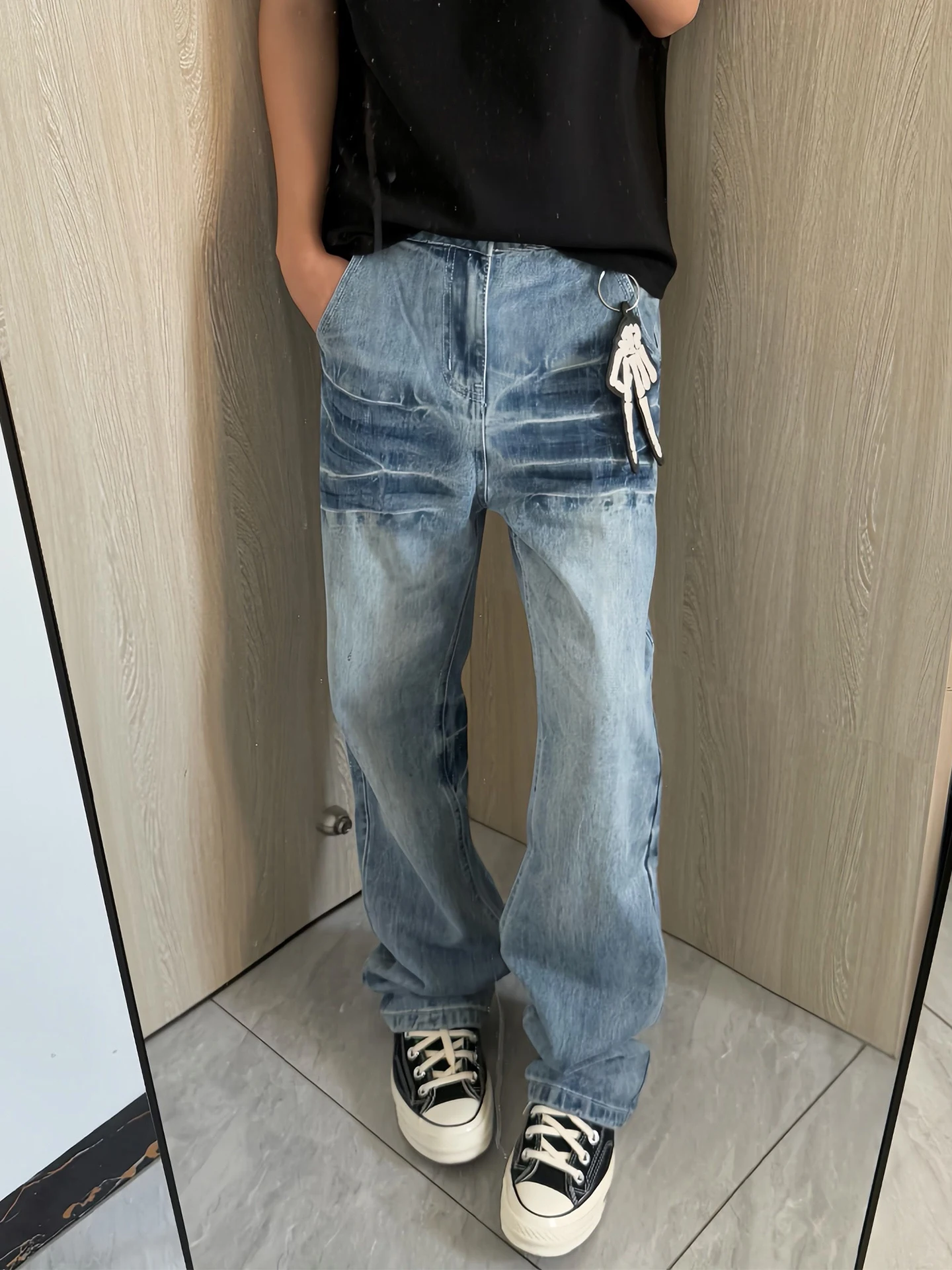 

Мужские джинсы с синим узором в виде молнии, прямые, свободные, в американском стиле, осенние, модные, молодежные, повседневные, из смесового хлопка и полиэстера