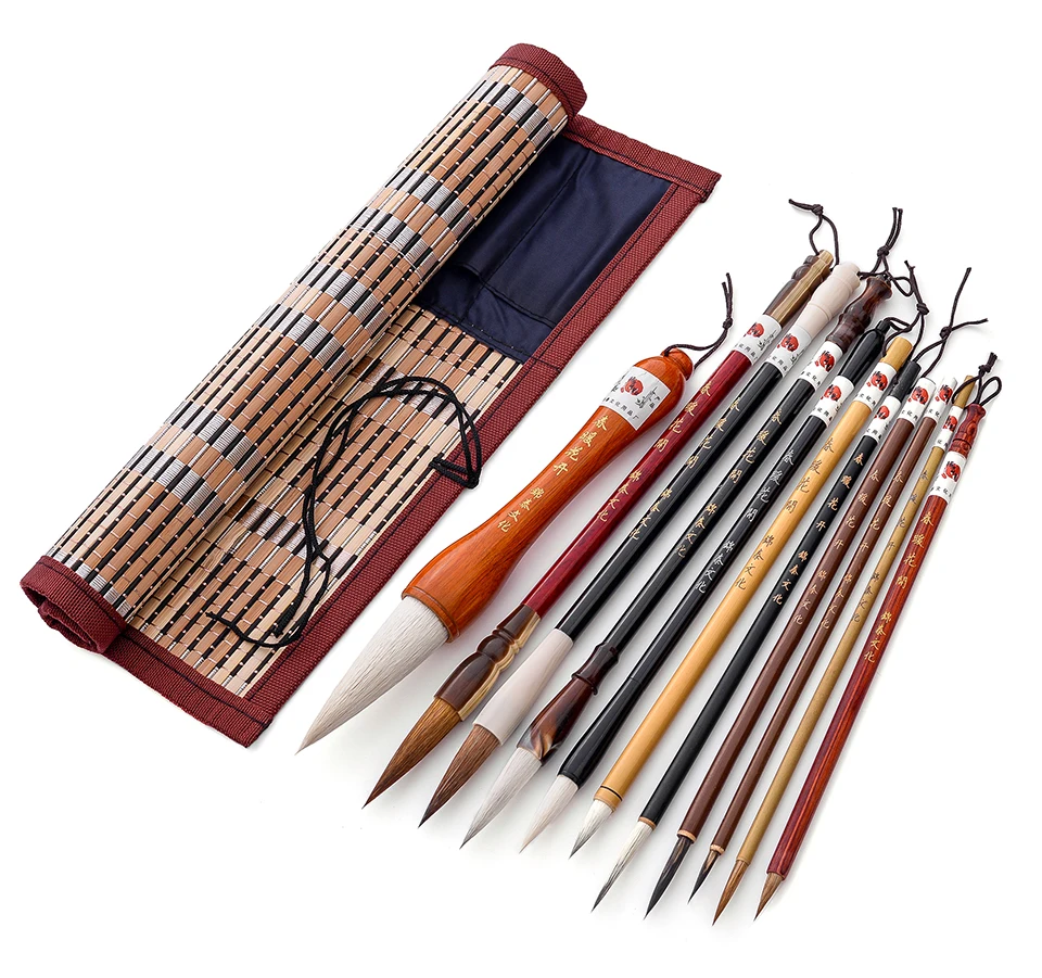 Set di pennelli per calligrafia cinese Kanji Japanese Sumi Painting Drawing Artist Writing Brushes Roll-up Bamboo Brush Holder Pen Bag