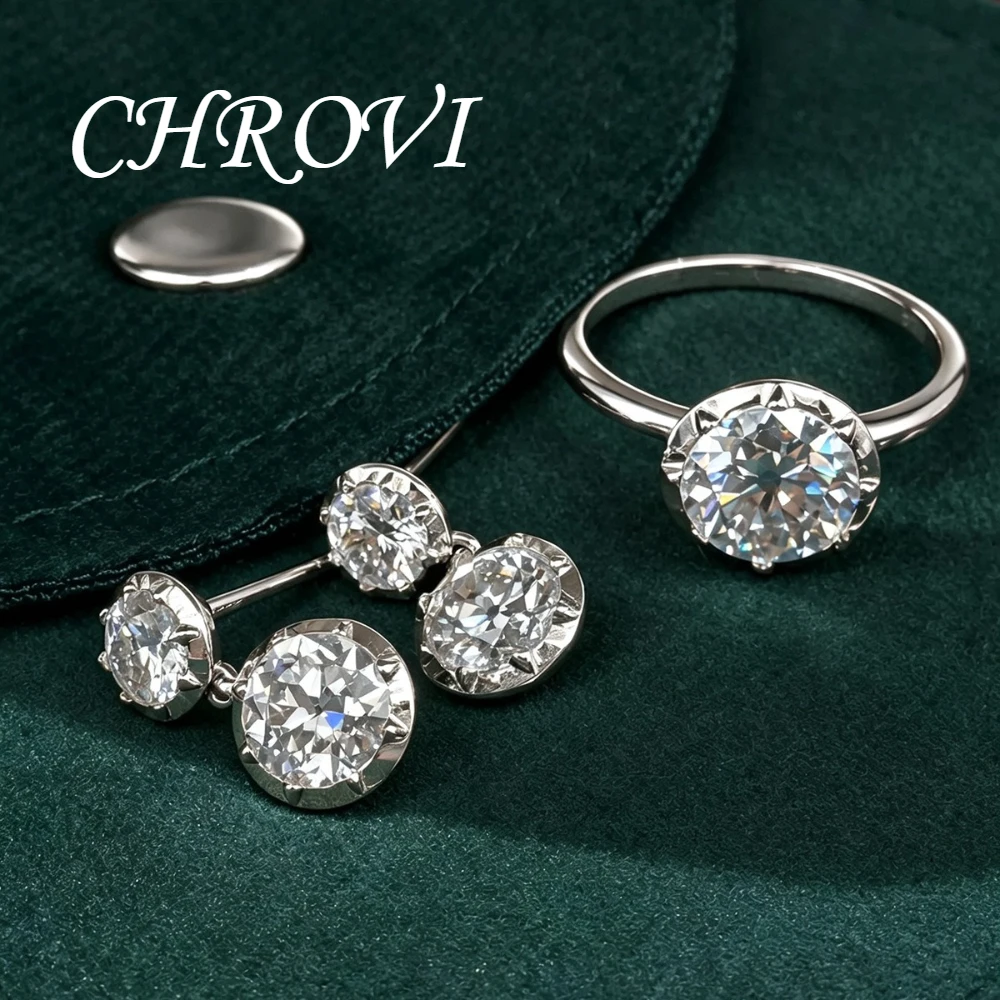 Luxury-Style 925 Sterling Silver Round Diamond Ring for Women, Small-Scale Vintage Style Double Diamond Earrings Set