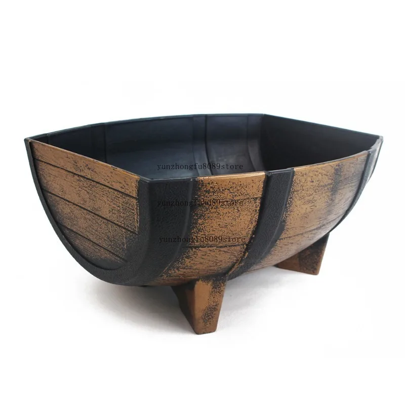 Creative Plastic Imitation Wooden Half Barrel Flower Planter Durable Weather Resistant Decorative Pot For Garden Patio Backyard