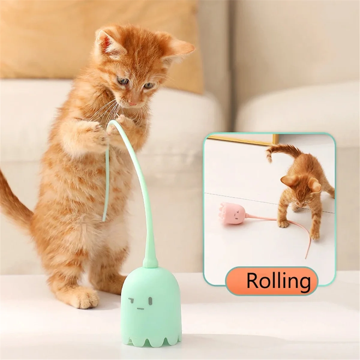Interactive Cat Toy USB Cat Pet Silicone Automatically Rotates Mouse Tail.Kitten Teasing Stick Green