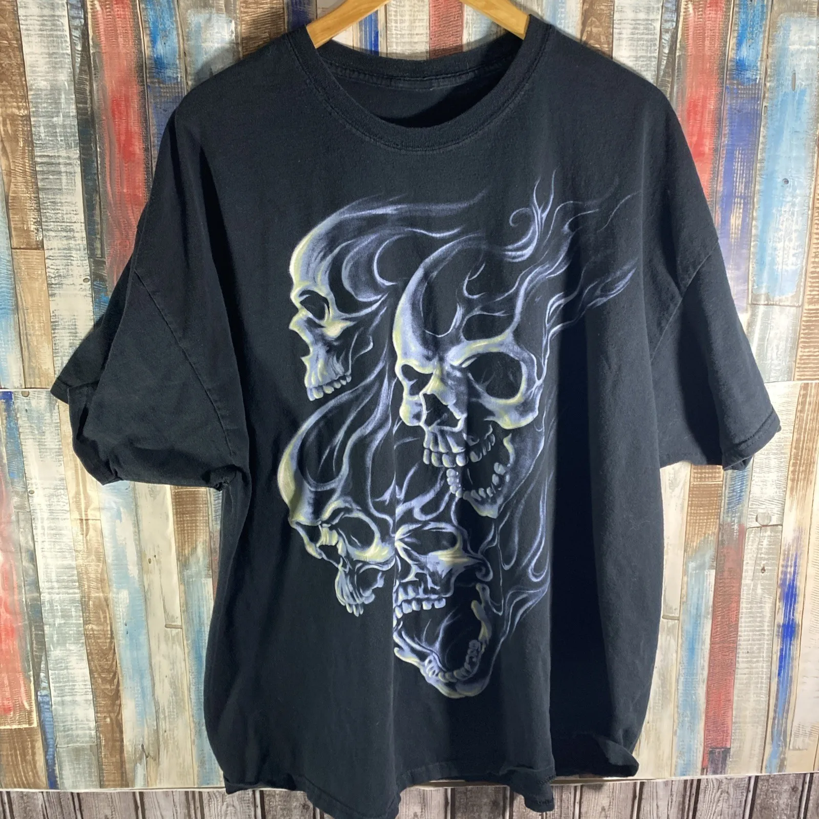 Vintage Flaming Skull Shirt Men's Extra Large Black Blue y2k Grunge Cyber Goth