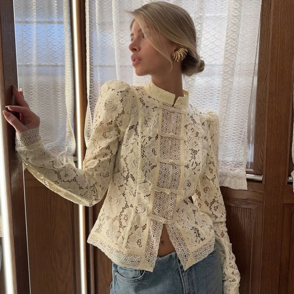 Fashion Hollow Out Lace Printed Shirts Long Sleeves Slim Fit See-Through Blouse Frog Button Patchwork Women Shirt Tops Commute