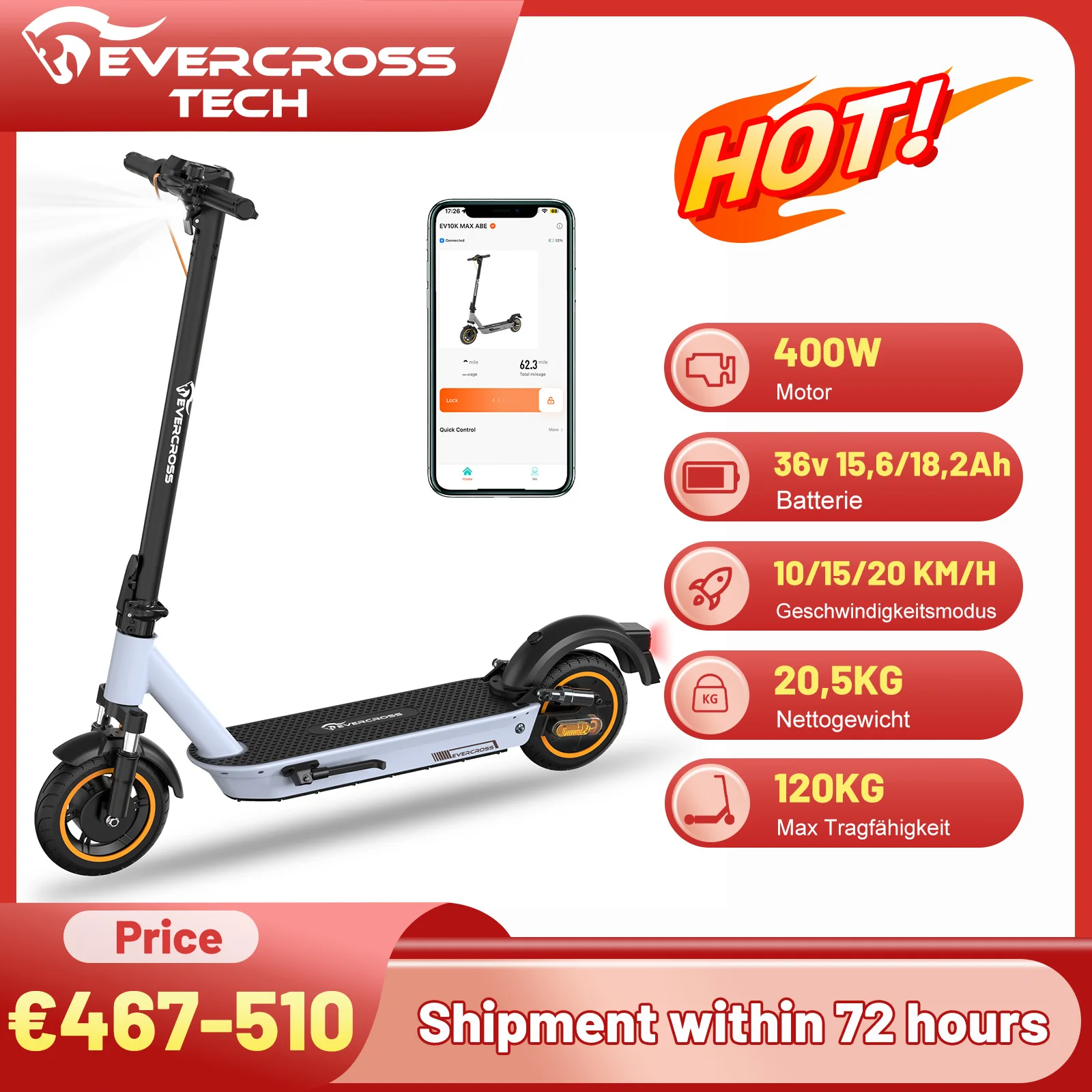 EVERCROSS TECH EV10K MAX E-Scooter with Street Legal Certification (ABE), 55 km/65 km Range, Electric Scooter for Adults