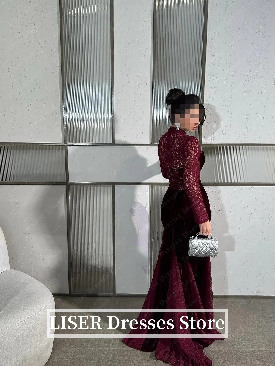 Liser Luxury Lace Patchwork Evening Gown Burgundy High Collar Long Sleeves Semi-Mermaid Saudi Formal Event Dresses Customized