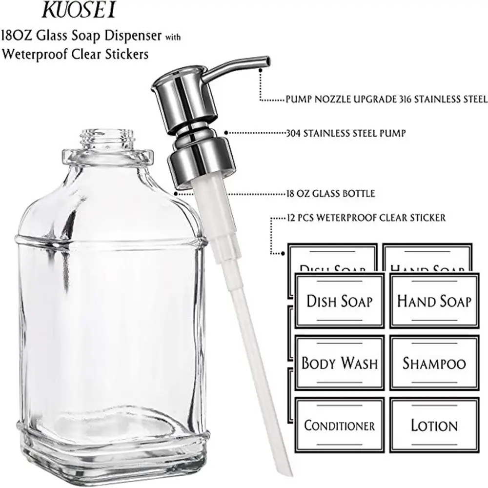 300/550ml Press Type Soap Dispenser Antique Thick Glass Hand Soap Dispenser Stainless Steel Pump With Clear Labels