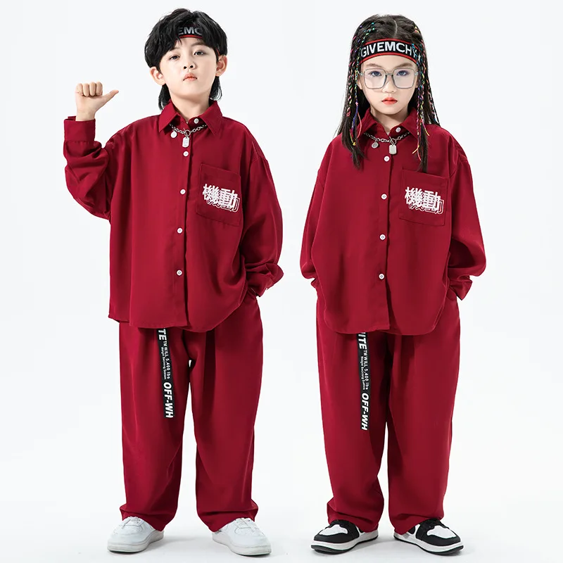 

Kid Kpop Hip Hop Clothing Red Oversized Shirt Top Loose Casual Streetwear Baggy Pants for Girl Boy Jazz Dance Costume Clothes