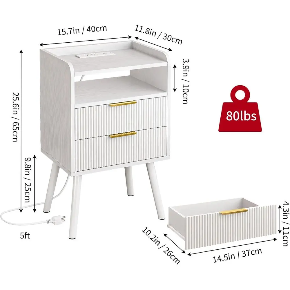Table de chevet LED moderne avec station de recharge et 2 tiroirs pour chambre à coucher, 15,7 x 11,8 x 25,6 pouces