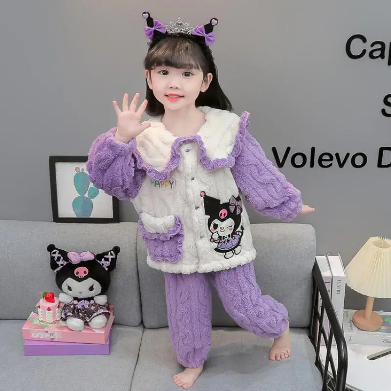 Sanrios Child Pajamas Coral Fleece Girl Kawaii Cartoon Autumn Winter Thicken Keep Warm Plus Velvet Child Lounge Clothes Suit