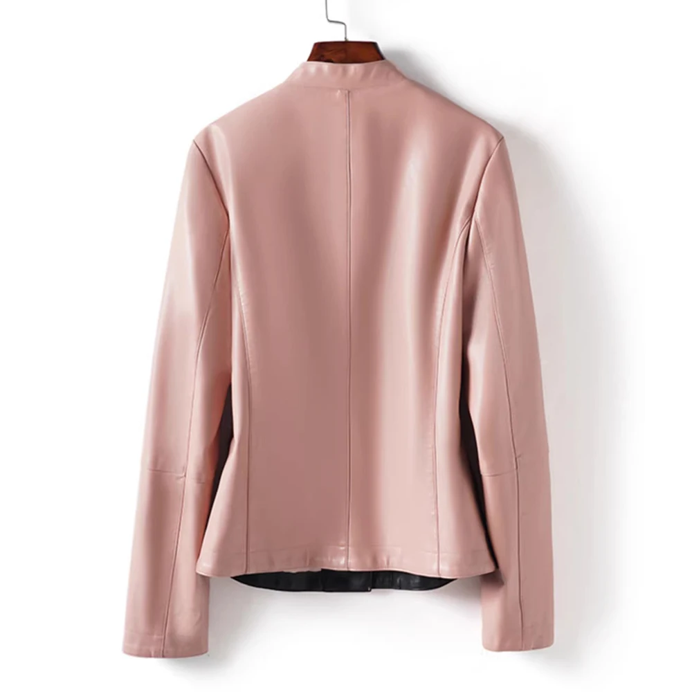 New Women Split Leather Jacket Spring Autumn Fashion Stand Collar Asymmetric Slim Motor Biker Leather Jacket Casual Coat Female