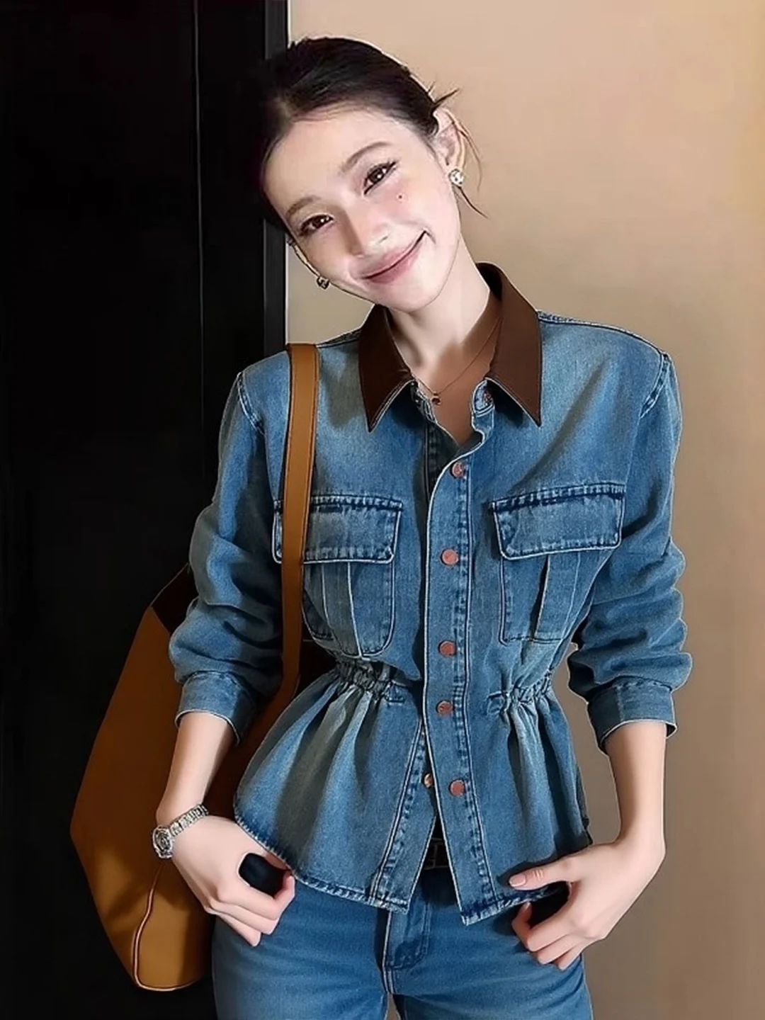 

Retro Denim Waist-Cinching Women's irt ort Jaet Hong Kong Sle Slimming Faionable Top Long Sve Spring Outerwear