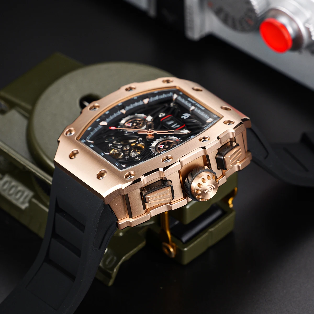 REEF TIGER Titan Rose Gold Tonneau Multifunctional Mechanical Watch For Men Tourbillon Design Waterproof Automatic Watch RGA3009