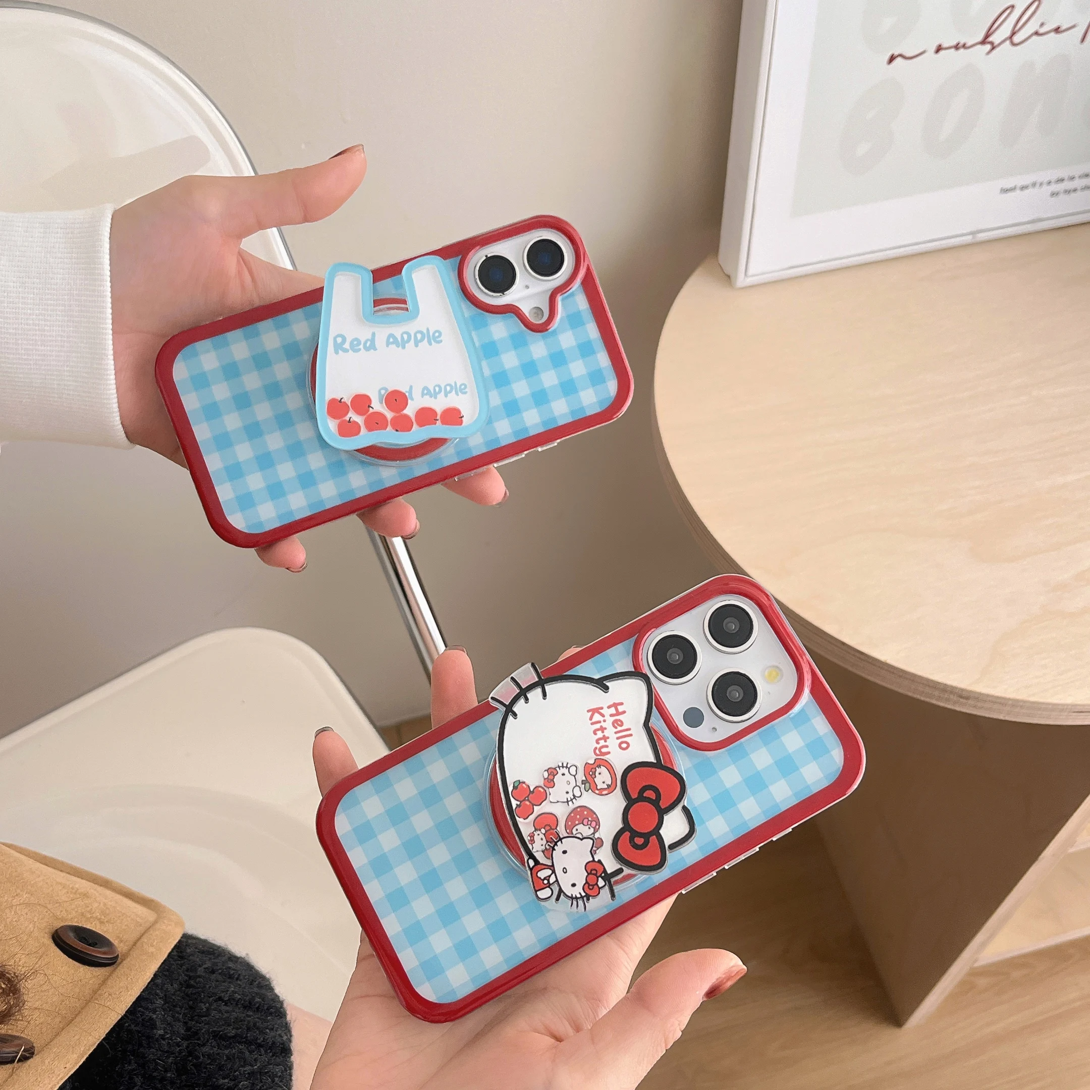 Luxury Lattice Magsafe Wireless Charge Case For iPhone 13 14 15 16 Pro Max Cute Hello Kitty shopping bag Shake Magnetic Holder