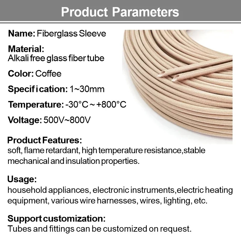 Fiberglass Tube 800Deg.C HTG Cable Sleeve Chemical Fiber Glass Sleeving Alkali Free Fiber Braided Insulation Protect Sleeved