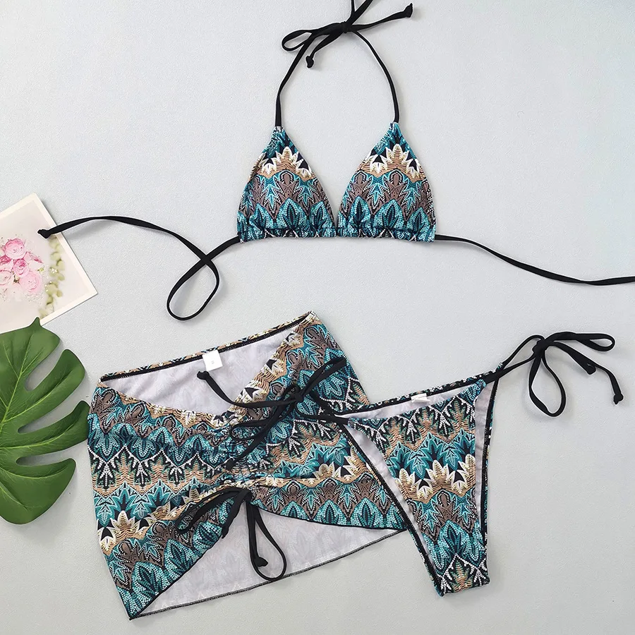 sexy boho print micro mini string halter bikinis sets 3pcs with drawstring mini skirt swimwear swimsuit bathing suit biquini