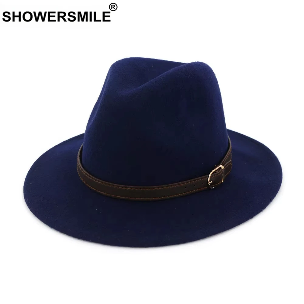 

SHOWERSMILE 100% Wool Fedora Hat for Men British Vintage Wide Brim Fedora Felt Hat Jazz Cap Black Navy Winter Warm Hat Woolen