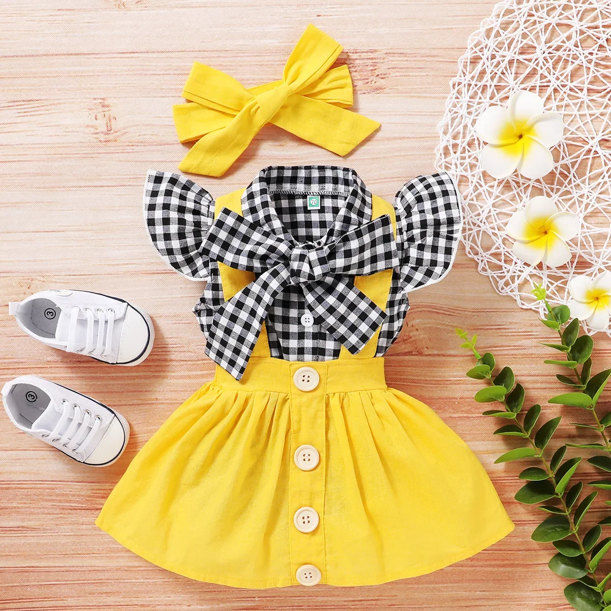 3-piece Baby Girl Clothes Toddler Floral Print Bodysuit Suspender Headband Set Newborn Infant Baby Girls Ruffled Sunflower