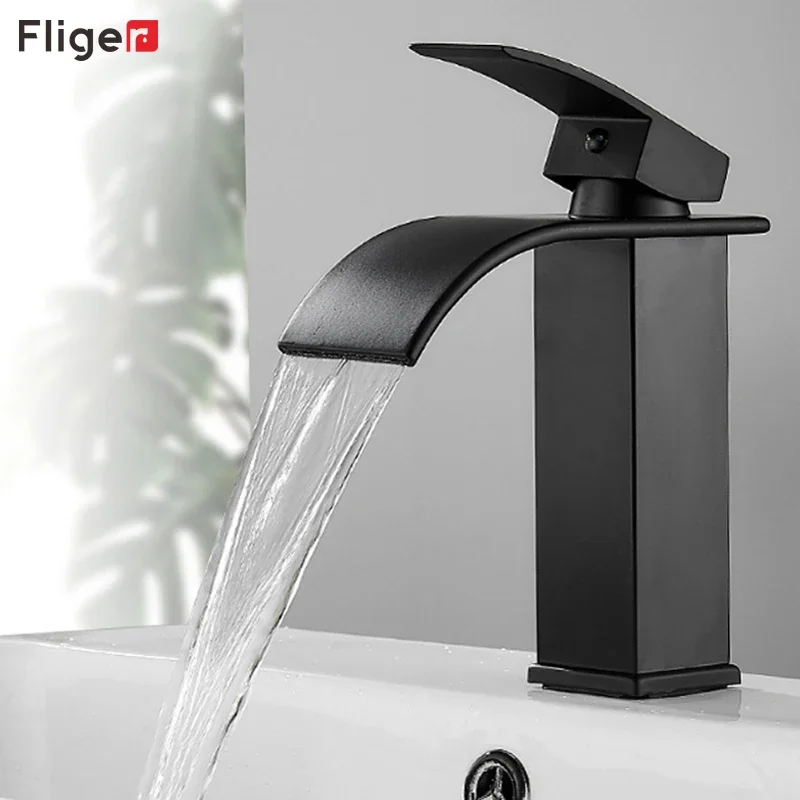 

Fliger Basin Faucet Waterfall Bathroom Faucet Washbasin Mixer Tap Hot Cold Water Sink Mixer Black Gold Crane grifo baño