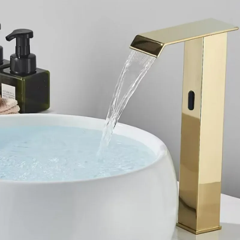 

Gold Sensor Waterfall Basin Faucet Automatic Sensor Touchless Sink Hot Cold Water Mixer Crane Bathroom