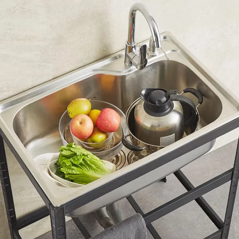 

Multifunctional Freestanding 304Stainless Steel Sink Sink Kitchen Household Thickened Single Trough with Stand/Faucet Customized