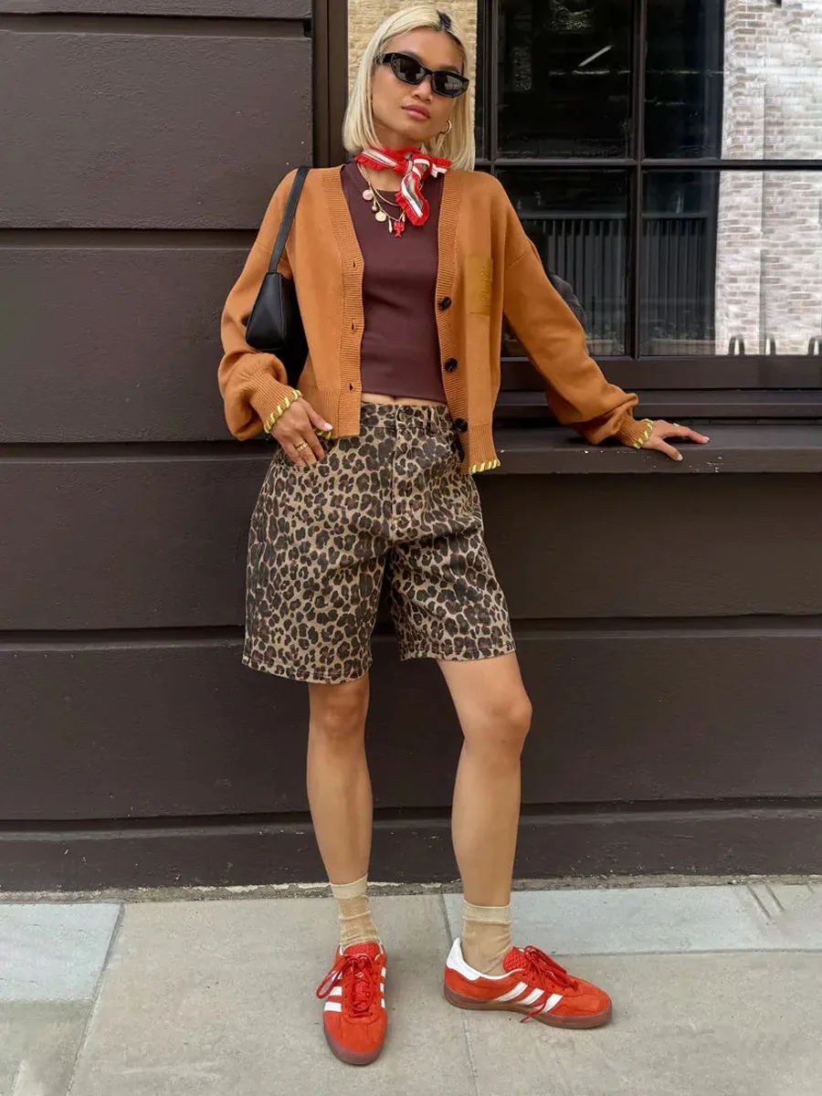 DriftWear Loose Wide-legged Short Pants Leopard Button Jeans A-line Short Trousers Causal Fashion Street Style Pants For Women