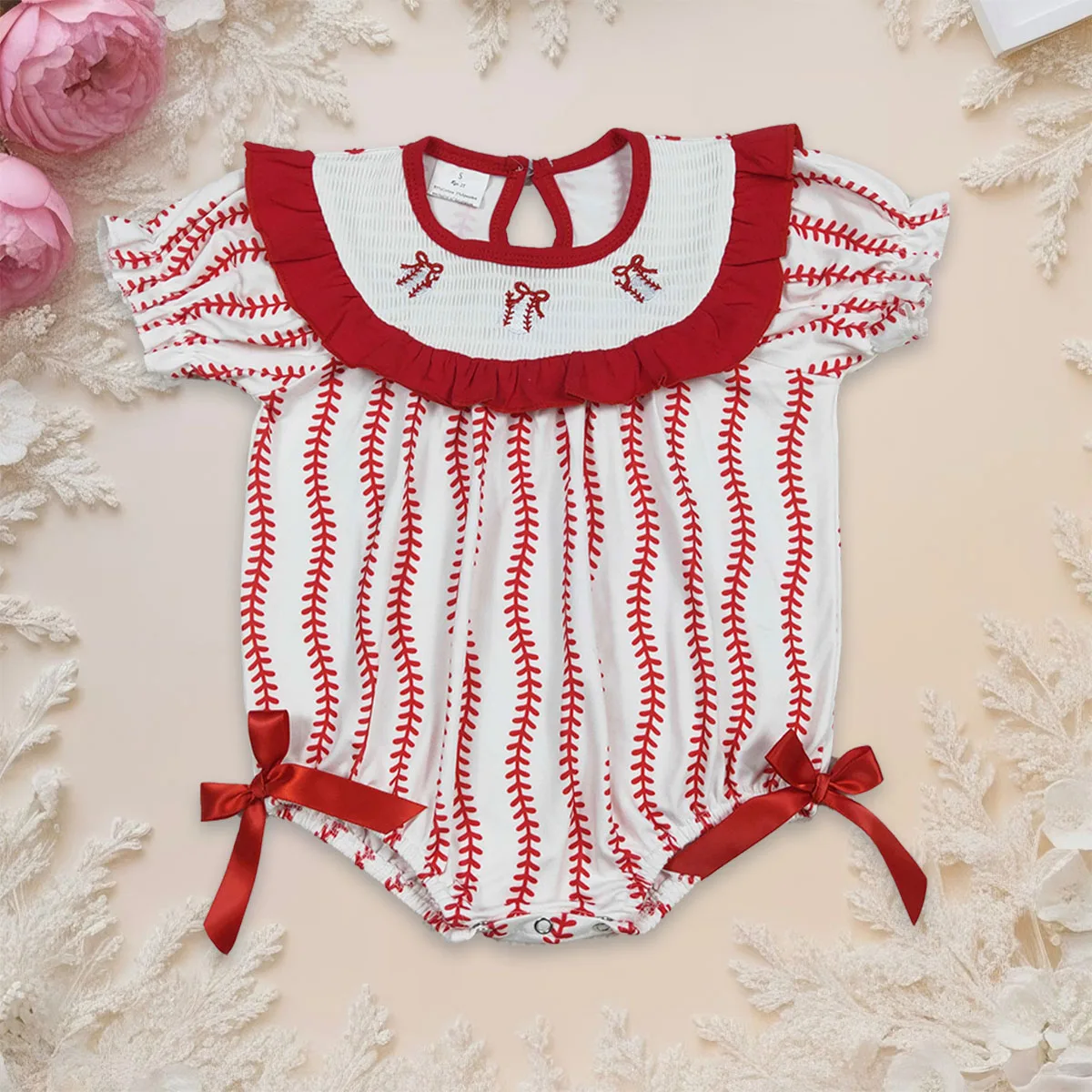 

Newborn Baby Girl Stripe Ruffle Bubbles Romper Smocked Baseballs Bows Rompers Kids Jumpsuit Toddler Children Clothing Wholesale