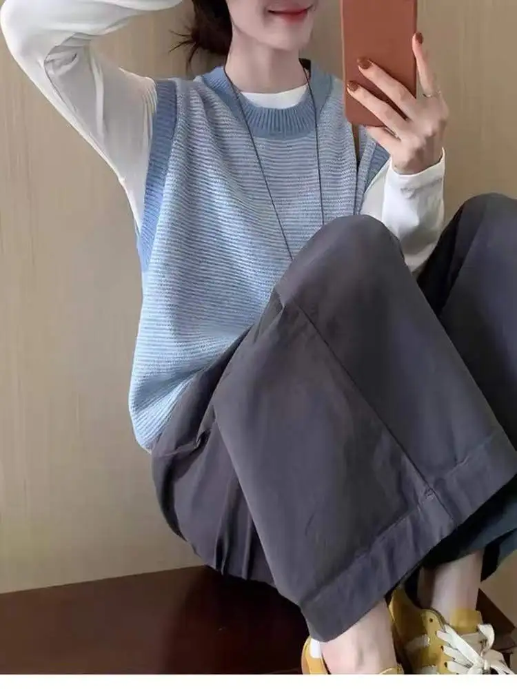 Korean Sle round Ne Knitted Woolen Vest Loose Fit Svel Top for Women Commute Autumn Winter Faion Striped Design