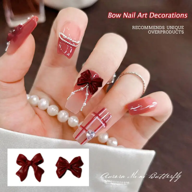 50PCS Minimalist Retro Dark Red Bow Nail Art Charms Solid Color Frosted Ribbon Bow Nail Decorations for DIY Nails Accessories