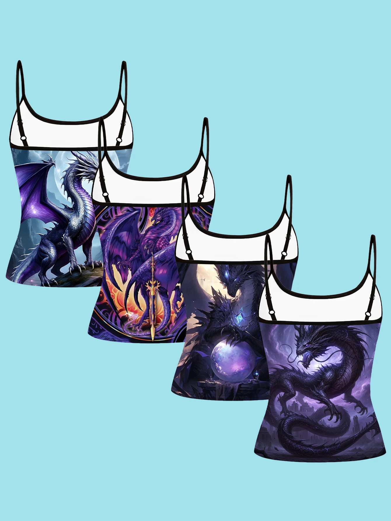 4-Piece Set of Women's Spaghetti Strap Camisoles with Purple Moon Magic Dragon Art Print, Slim-Fit Sleeveless Tops, Dark Fantasy Gothic Style Outerwear and Innerwear Base Layer Shirts