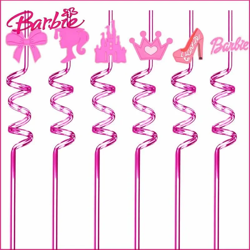 Miniso Barbie Series Straw Party Reusable Children Cartoon Plastic Creative Bending Straw Anime Decoration Christmas Supplies